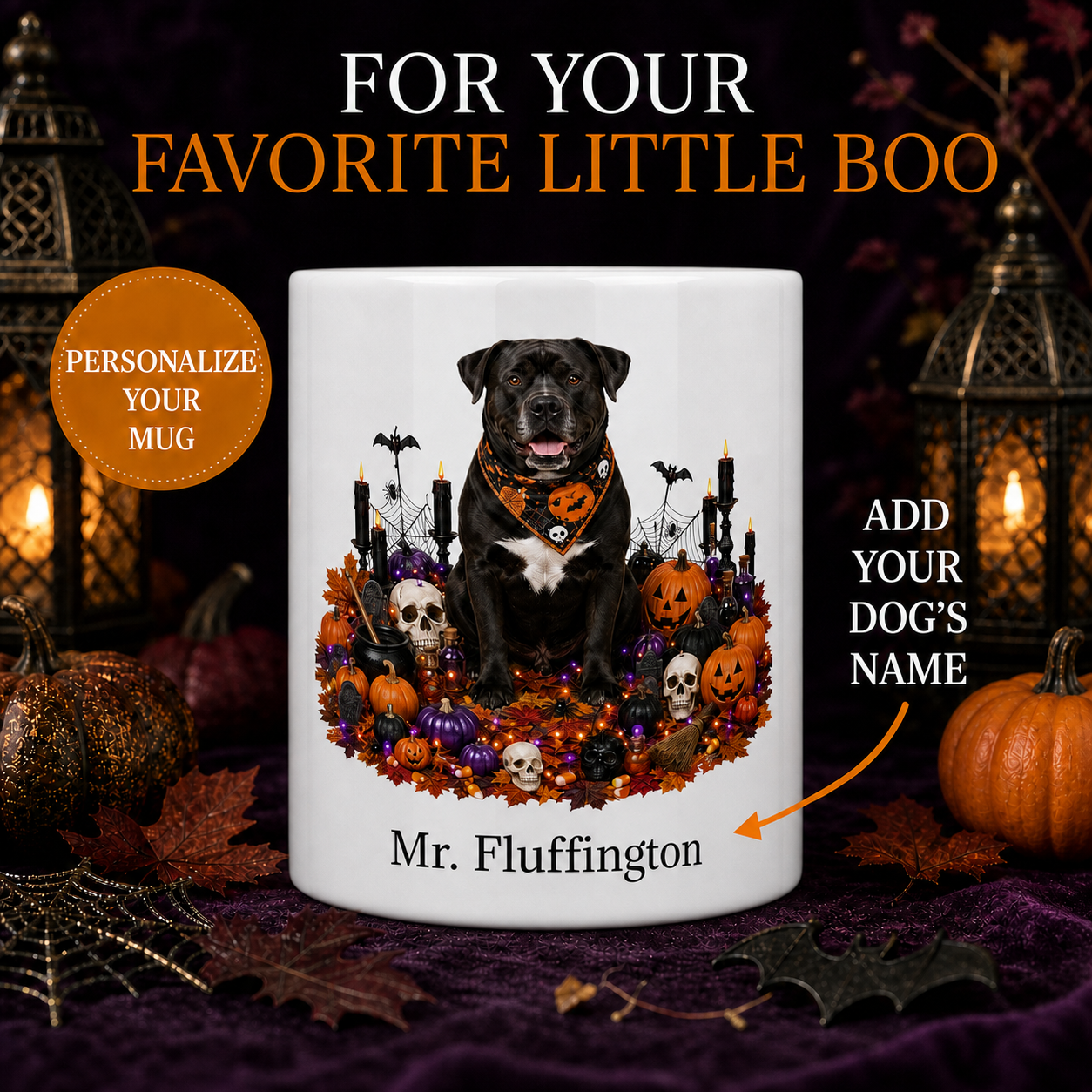 Personalized Labrador Bulldog Halloween Mug – Custom Dog Name Gift – front view with no handle