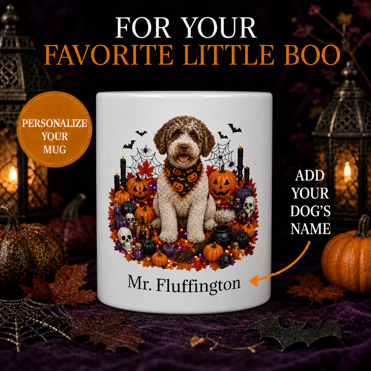 Personalized Lagotto Romagnolo Halloween Mug – Custom Dog Name Gift – front view with no handle