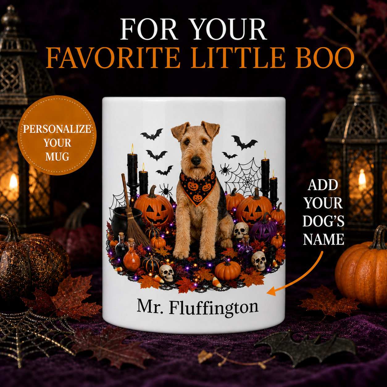Personalized Lakeland Terrier Halloween Mug – Custom Dog Name Gift – front view with no handle