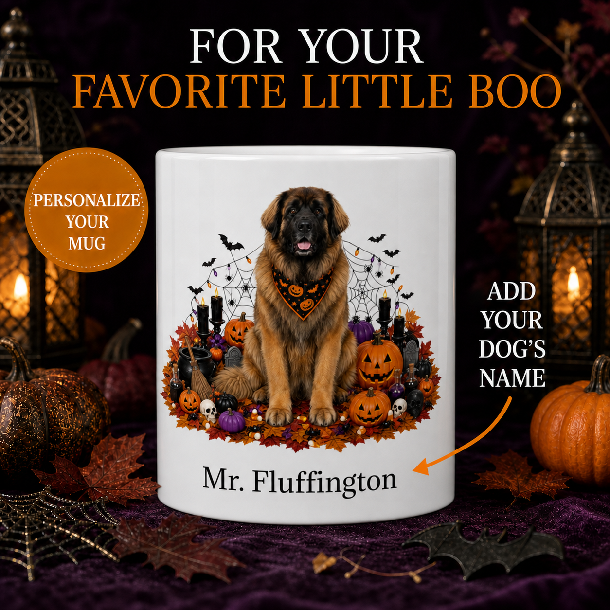 Personalized Leonberger Halloween Mug – Custom Dog Name Gift – front view with no handle