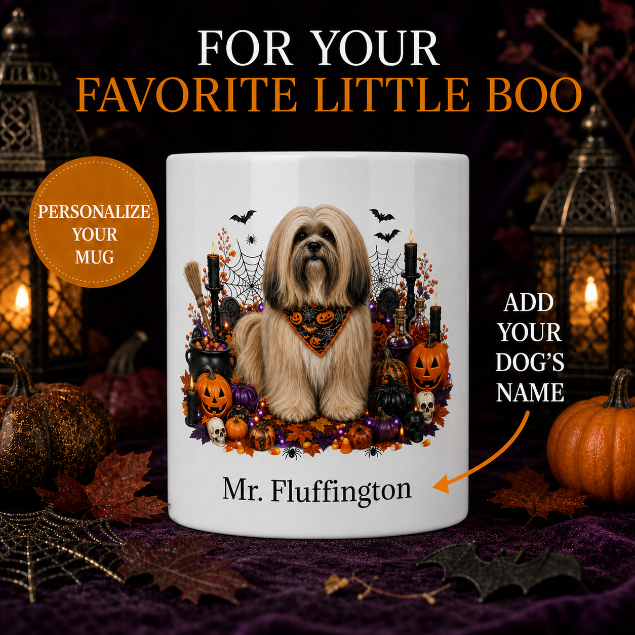 Personalized Lhasa Apso Halloween Mug – Custom Dog Name Gift – front view with no handle