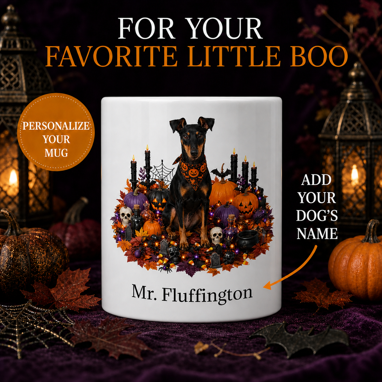Personalized Manchester Terrier Halloween Mug – Custom Dog Name Gift – front view with no handle