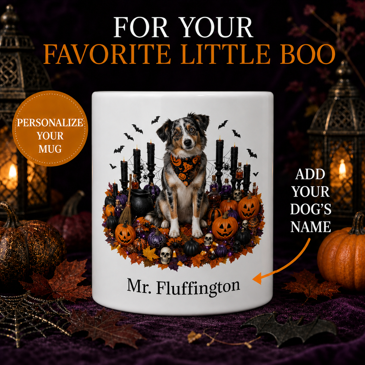 Personalized Miniature American Shepherd Halloween Mug – front view with no handle