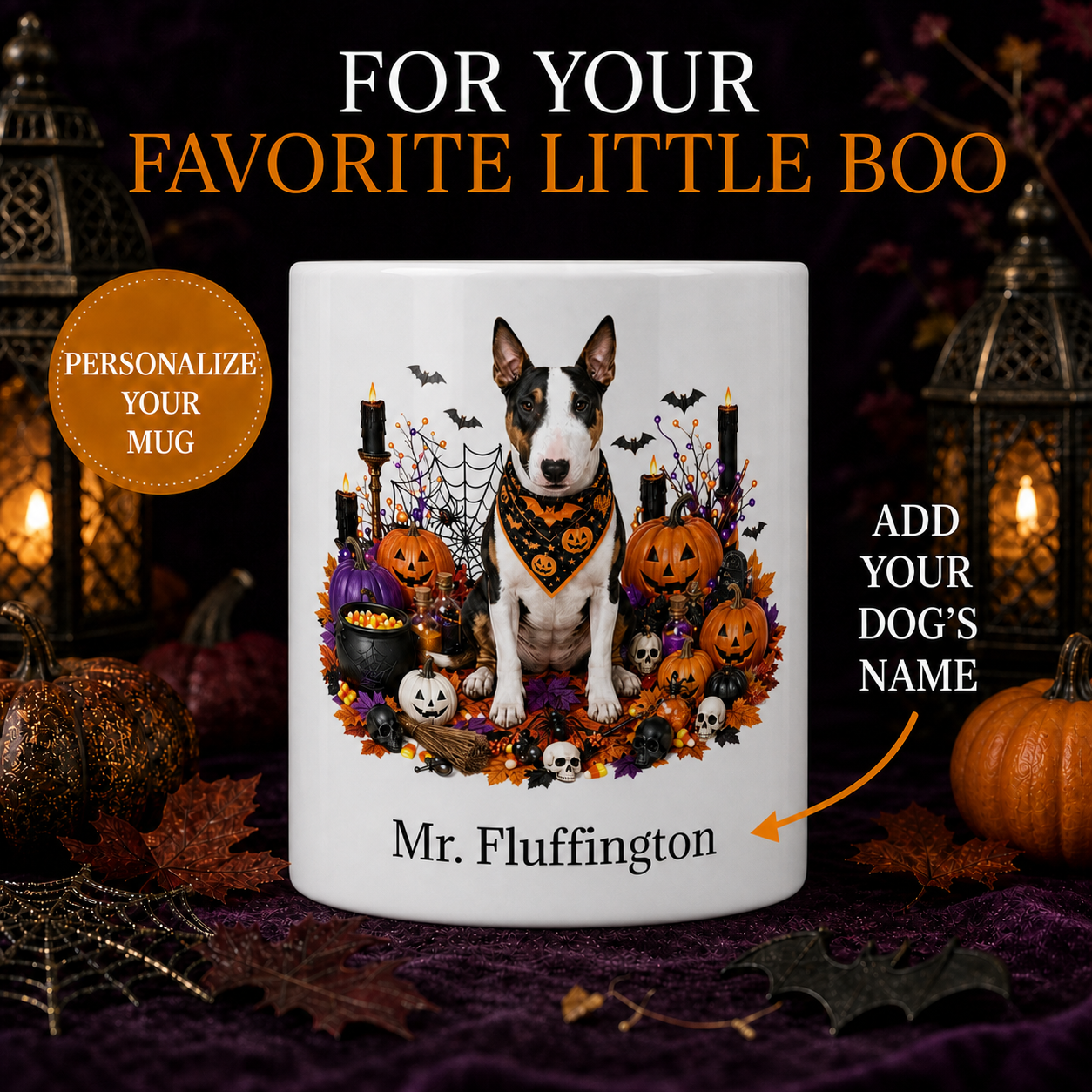 Personalized Miniature Bull Terrier Halloween Mug – Custom Name Gift – front view with no handle