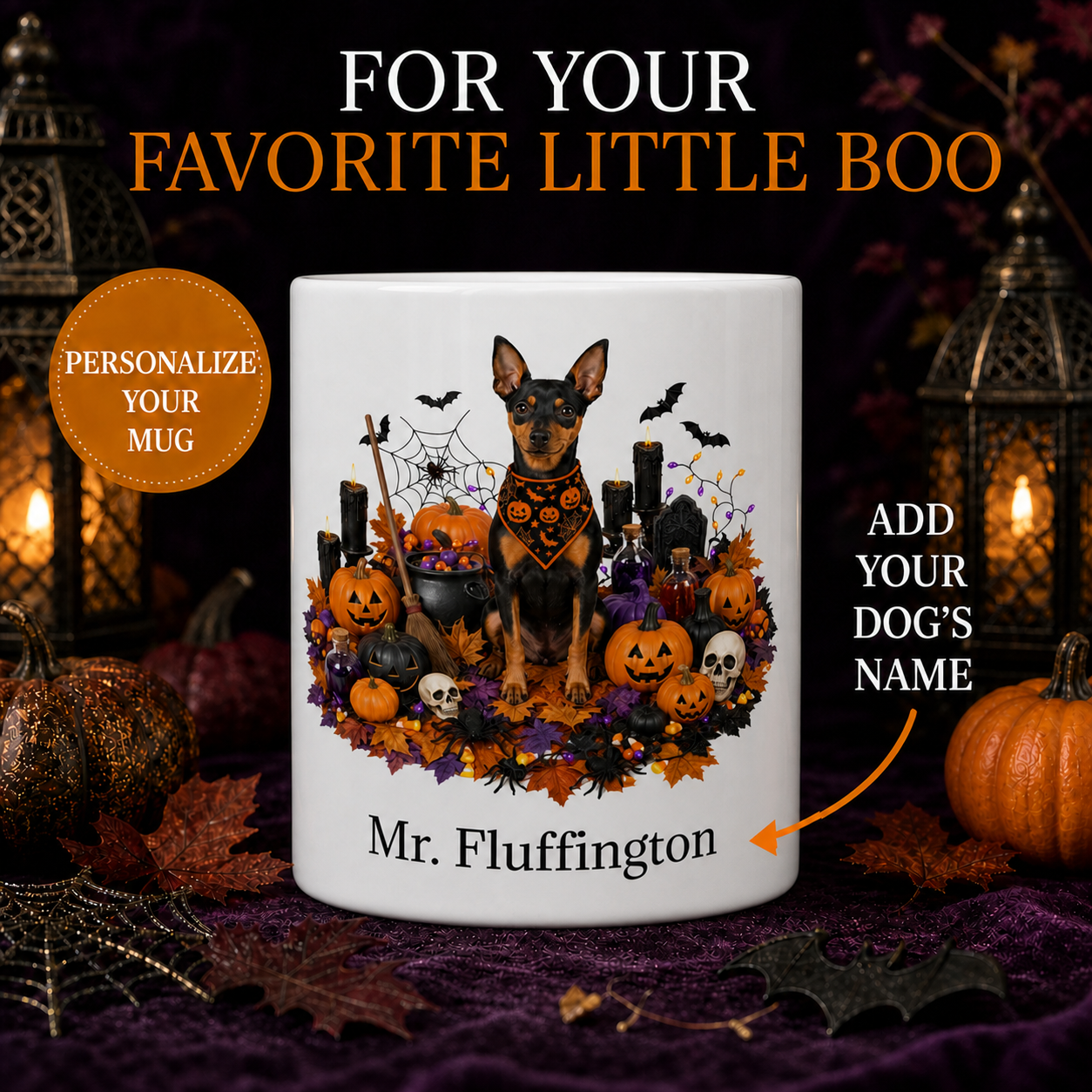Personalized Miniature Pinscher Halloween Mug – Custom Dog Name Gift – front view with no handle