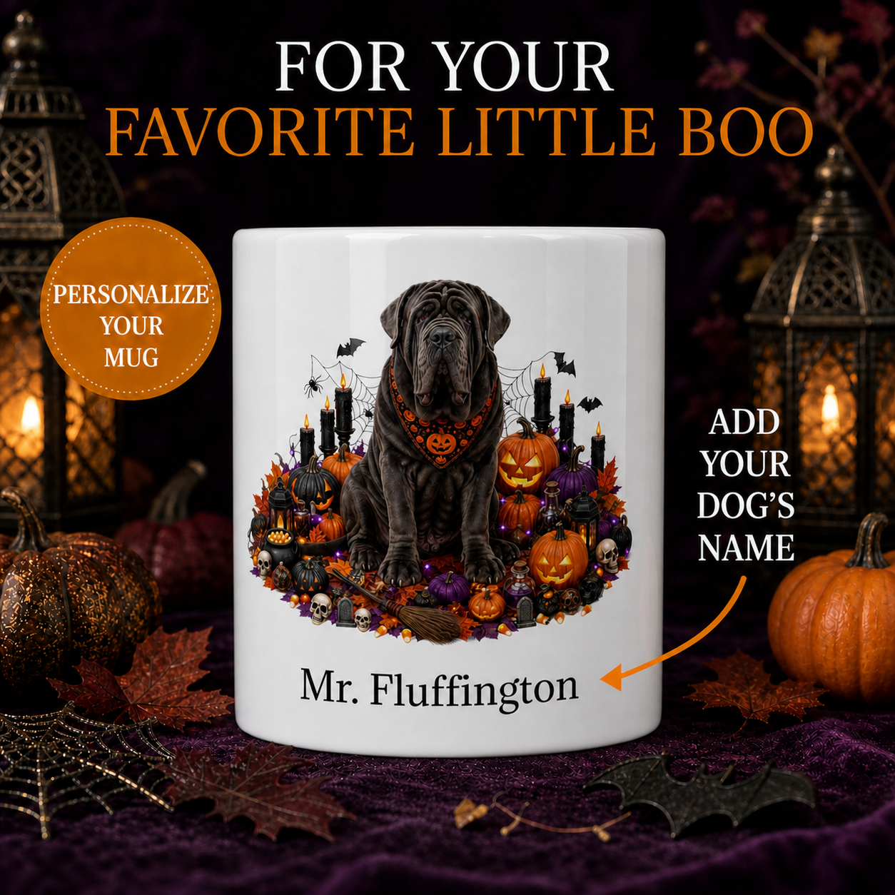 Personalized Neapolitan Mastiff Halloween Mug – Custom Dog Name Gift – front view with no handle