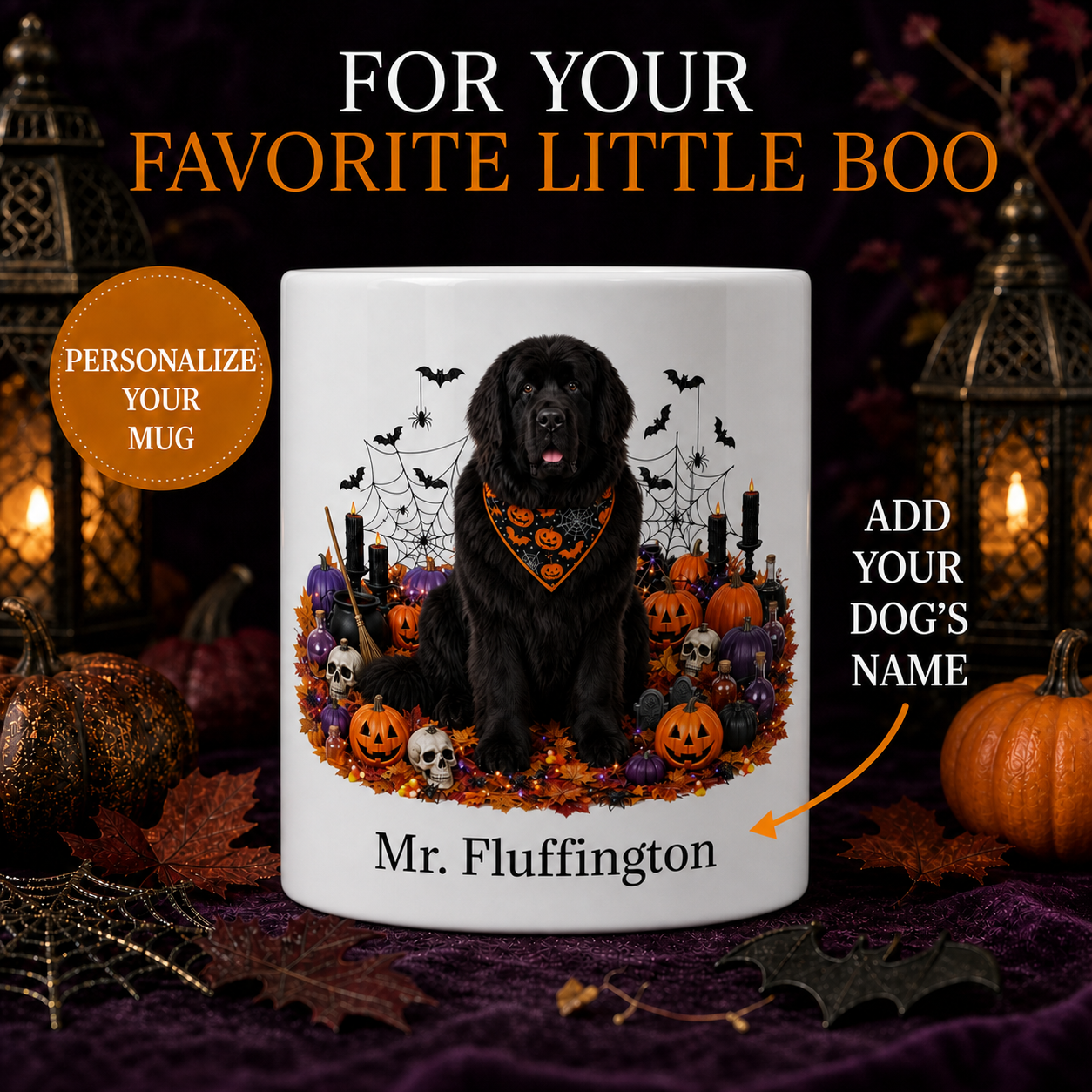 Personalized Newfoundland Halloween Mug – Custom Dog Name Gift – front view with no handle