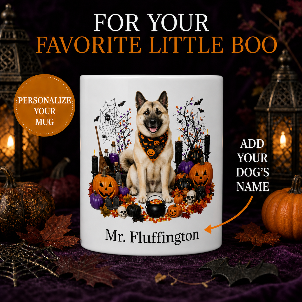 Personalized Norwegian Buhund Halloween Mug – Custom Dog Name Gift – front view with no handle