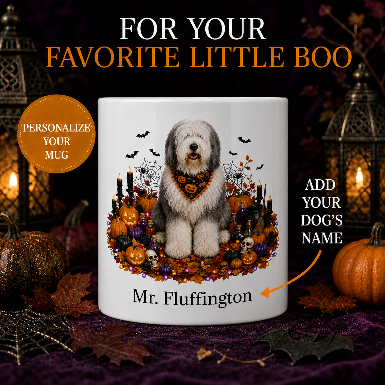 Personalized Old English Sheepdog Halloween Mug – Custom Dog Name Gift – front view with no handle