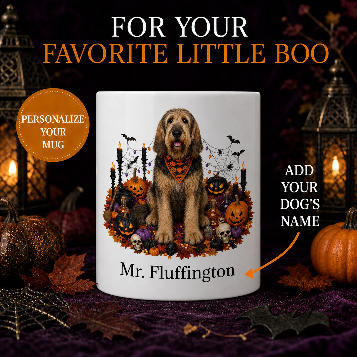Personalized Otterhound Halloween Mug – Custom Dog Name Gift – front view with no handle