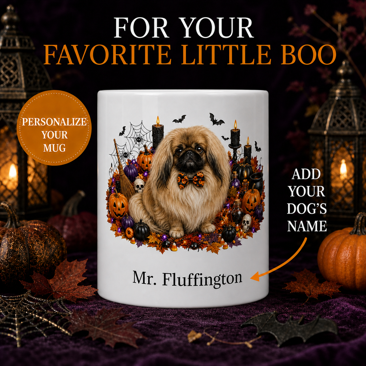 Personalized Pekingese Halloween Mug – Custom Dog Name Gift – front view with no handle