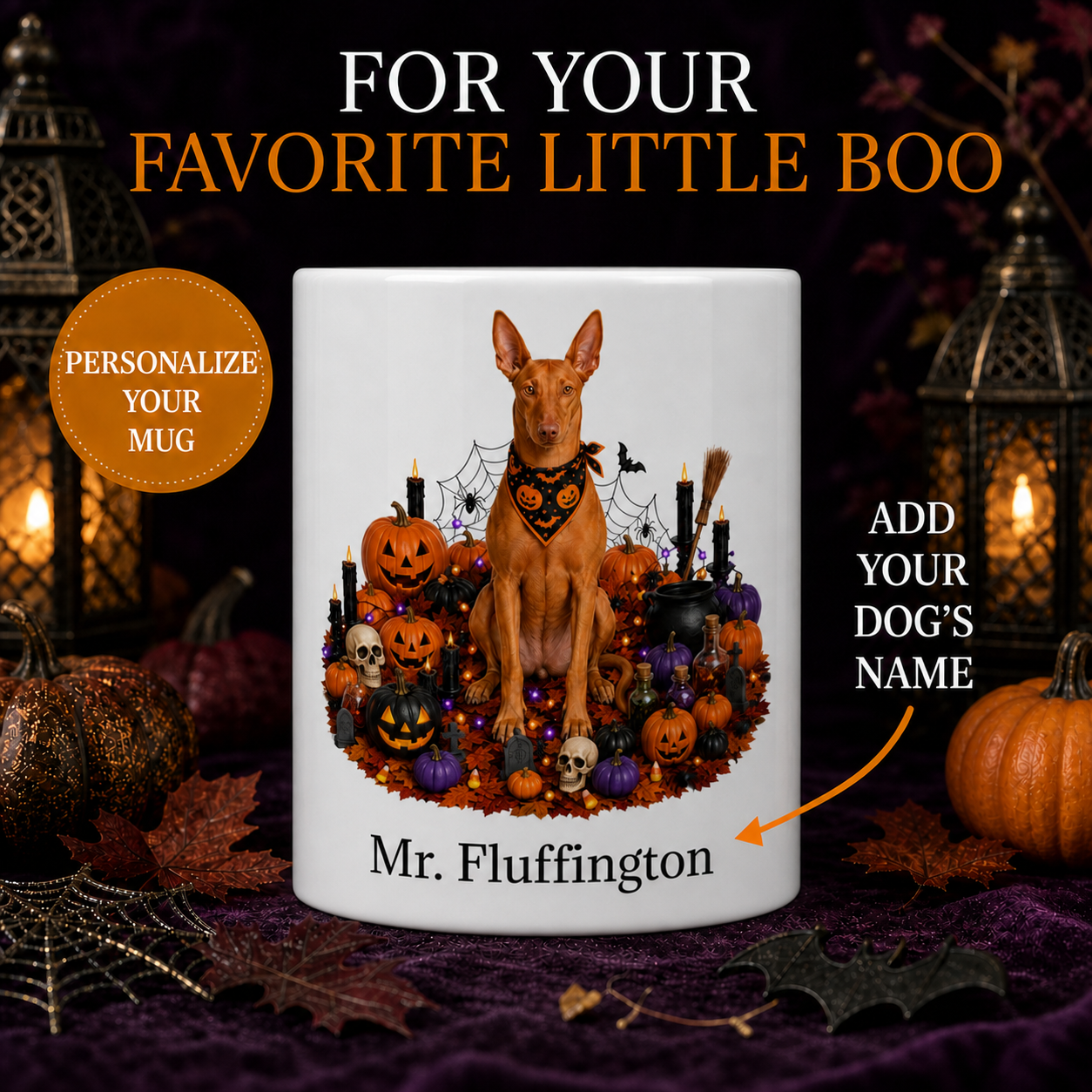 Personalized Pharaoh Hound Halloween Mug – Custom Dog Name Gift – front view with no handle