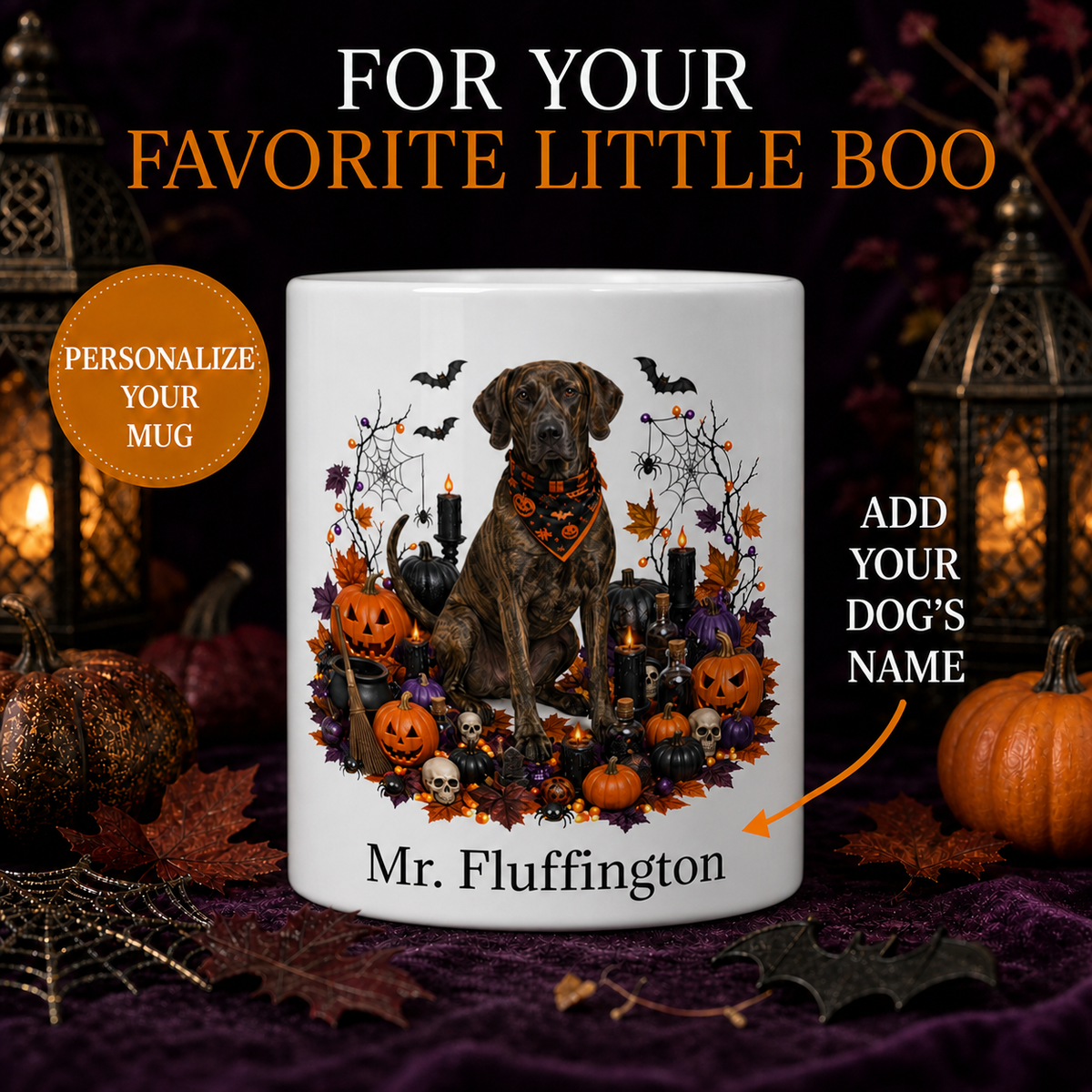 Personalized Plott Hound Halloween Mug – Custom Dog Name Gift – front view with no handle