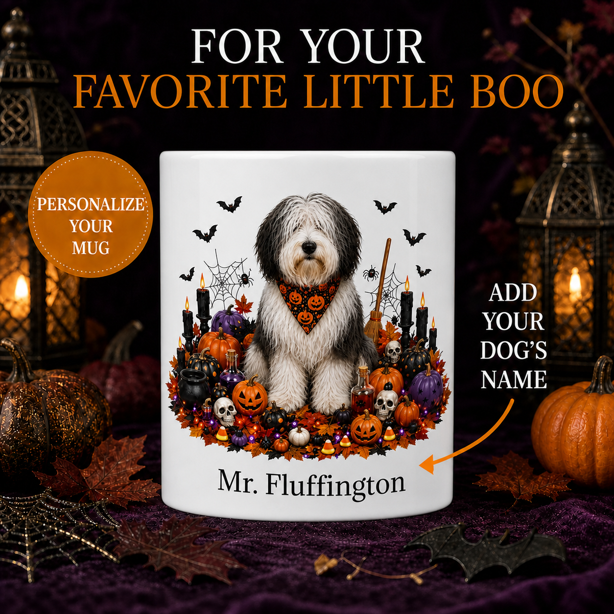 Personalized Polish Lowland Sheepdog Halloween Mug – Custom Name Gift – front view with no handle