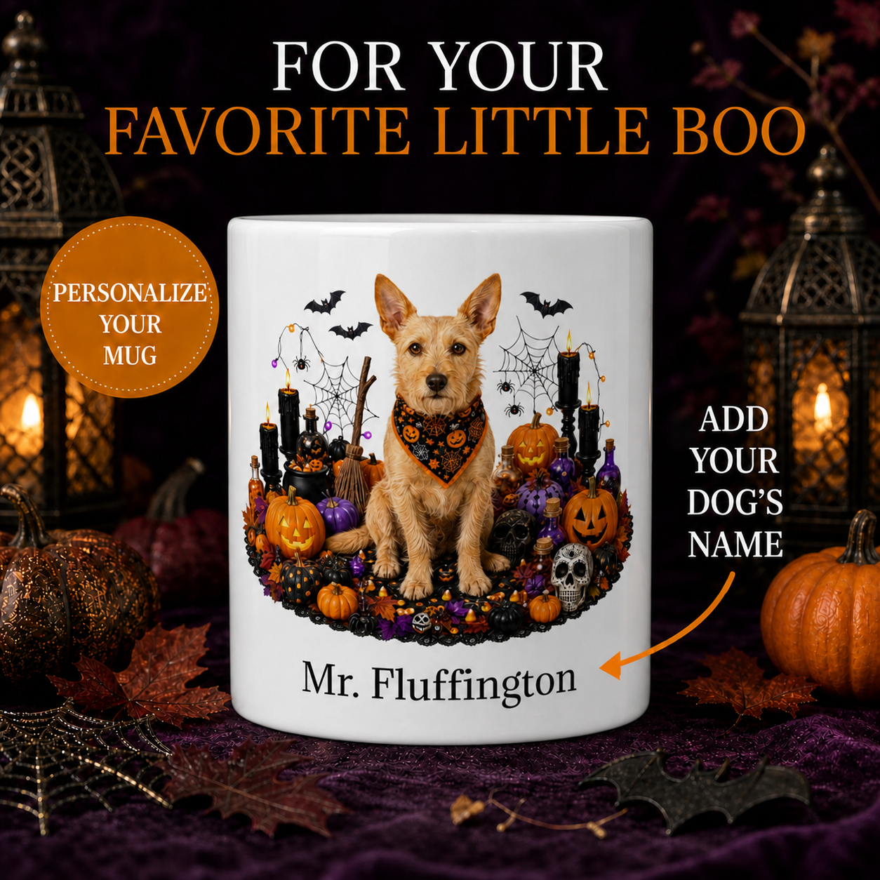 Personalized Portuguese Podengo Pequeno Halloween Mug – front view with no handle