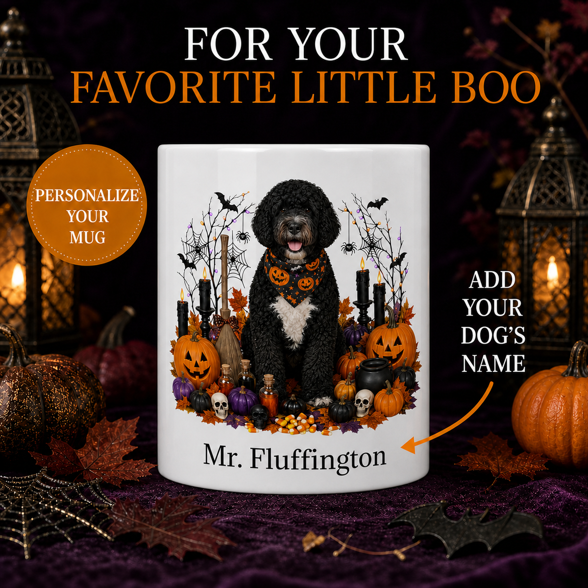 Personalized Portuguese Water Halloween Mug – Custom Dog Name Gift – front view with no handle