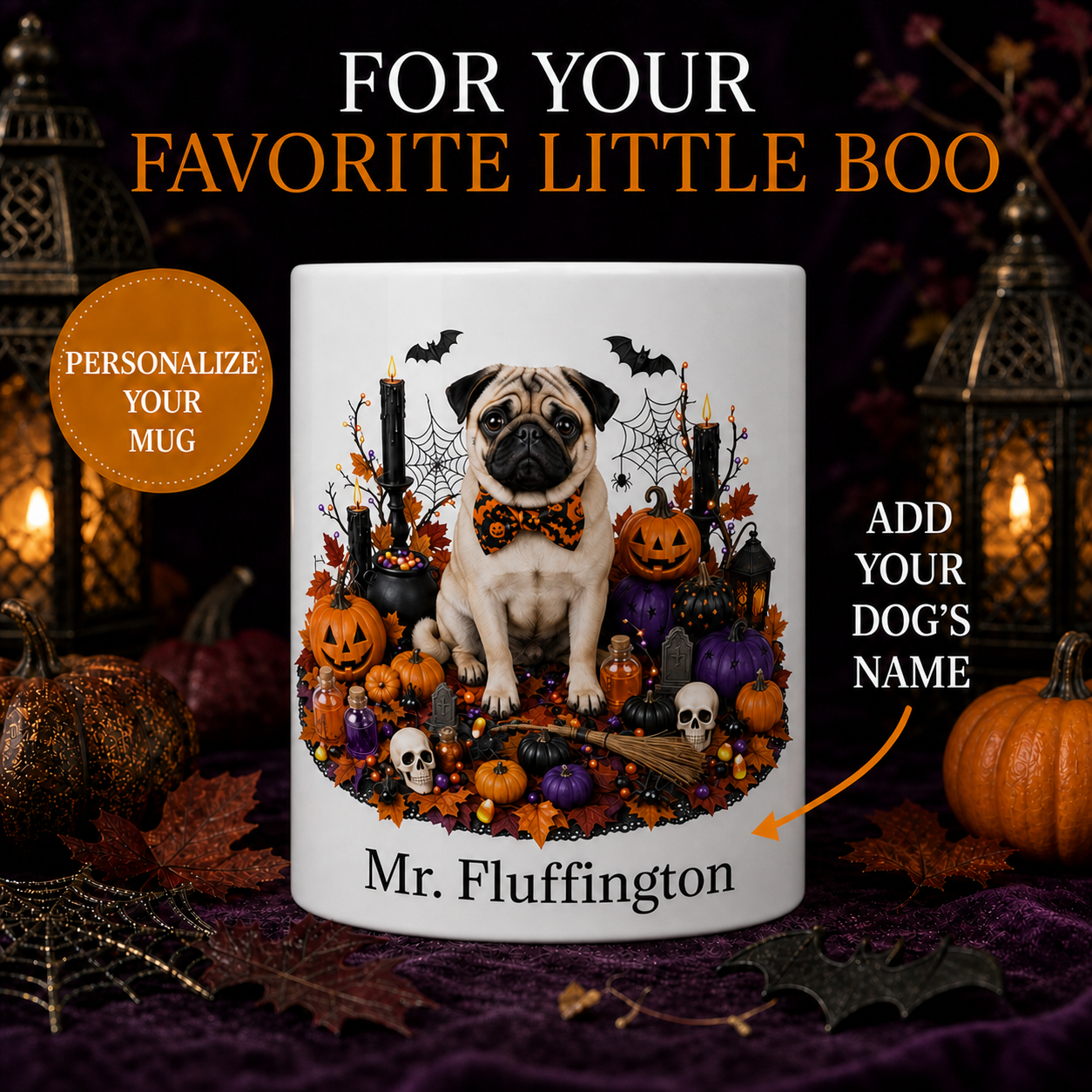Personalized Pug Halloween Mug – Custom Dog Name Gift – front view with no handle