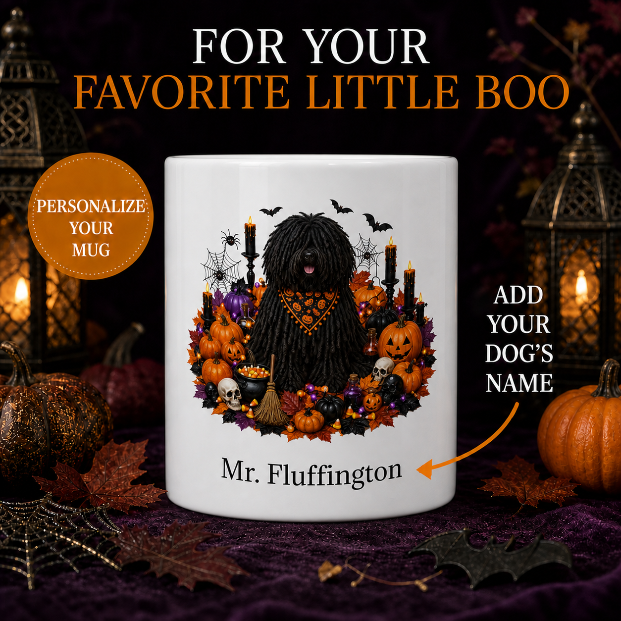 Personalized Puli Halloween Mug – Custom Dog Name Gift – front view with no handle