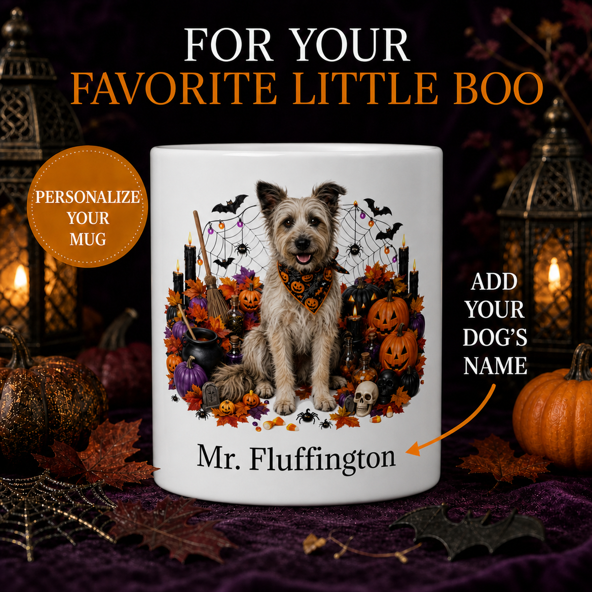 Personalized Pyrenean Shepherd Halloween Mug – Custom Dog Name Gift – front view with no handle