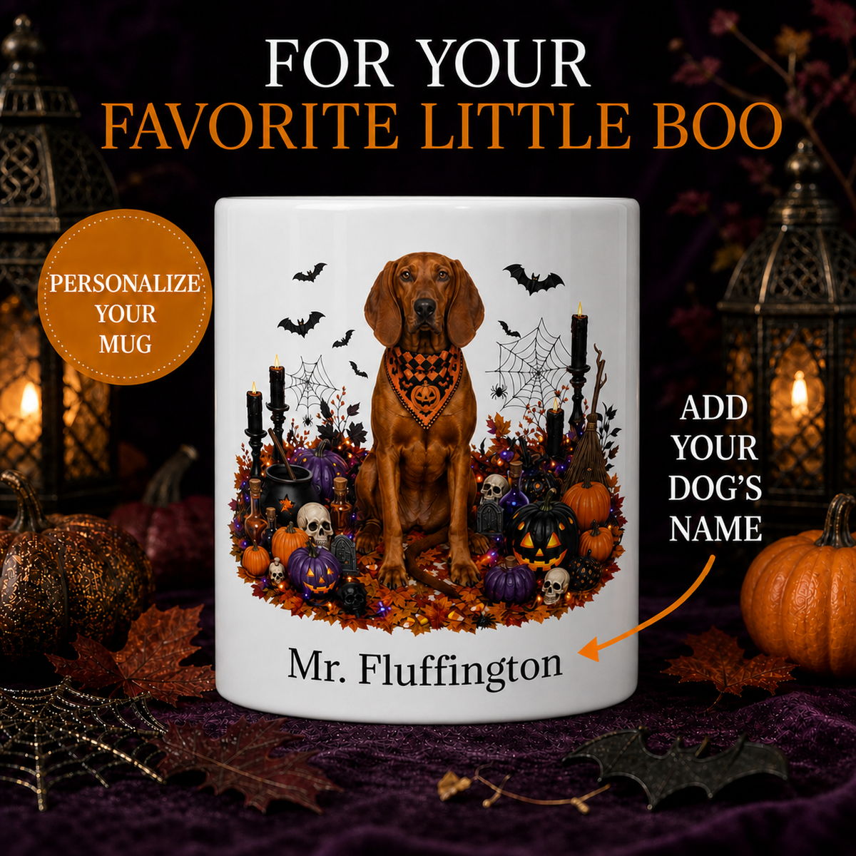 Personalized Redbone Coonhound Halloween Mug – Custom Dog Name Gift – front view with no handle
