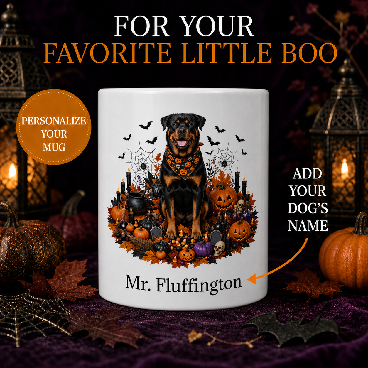 Personalized Rottweiler Halloween Mug – Custom Dog Name Gift – front view with no handle