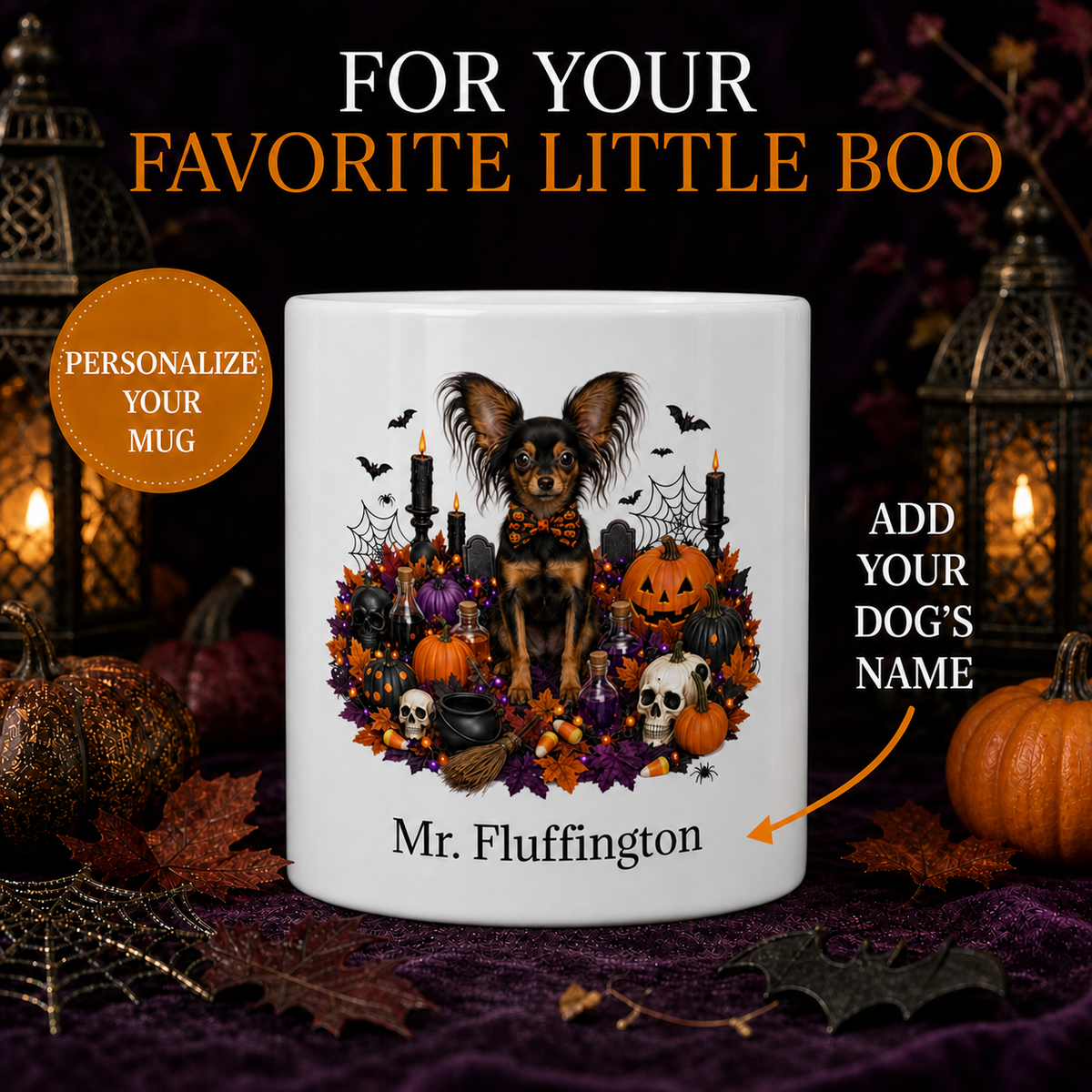 Personalized Russian Toy Halloween Mug – Custom Dog Name Gift – front view with no handle