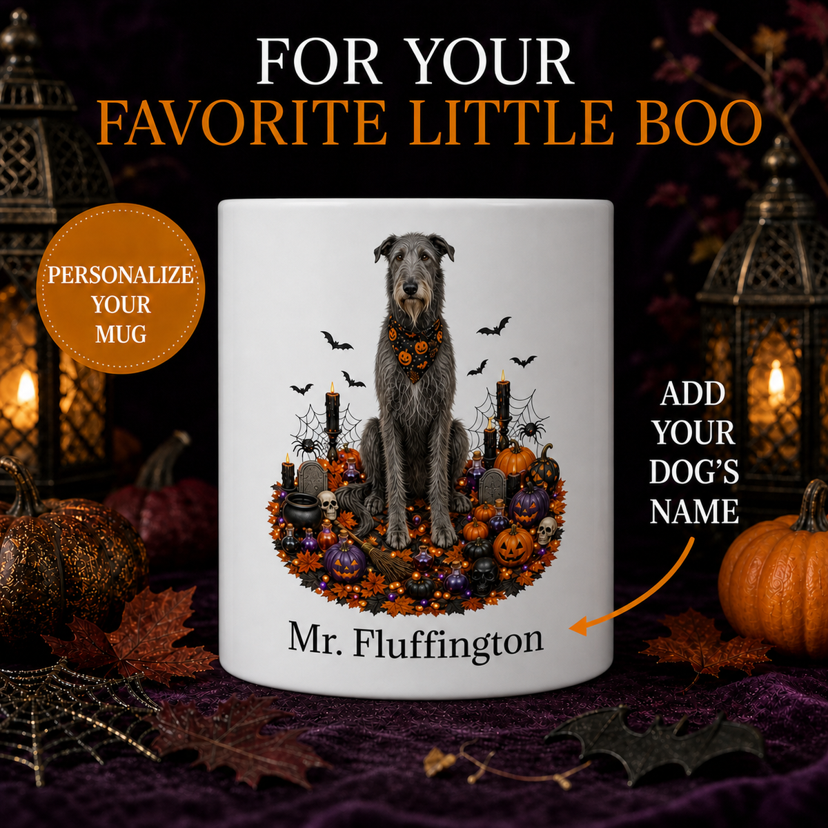Personalized Scottish Deerhound Halloween Mug – Custom Dog Name Gift – front view with no handle