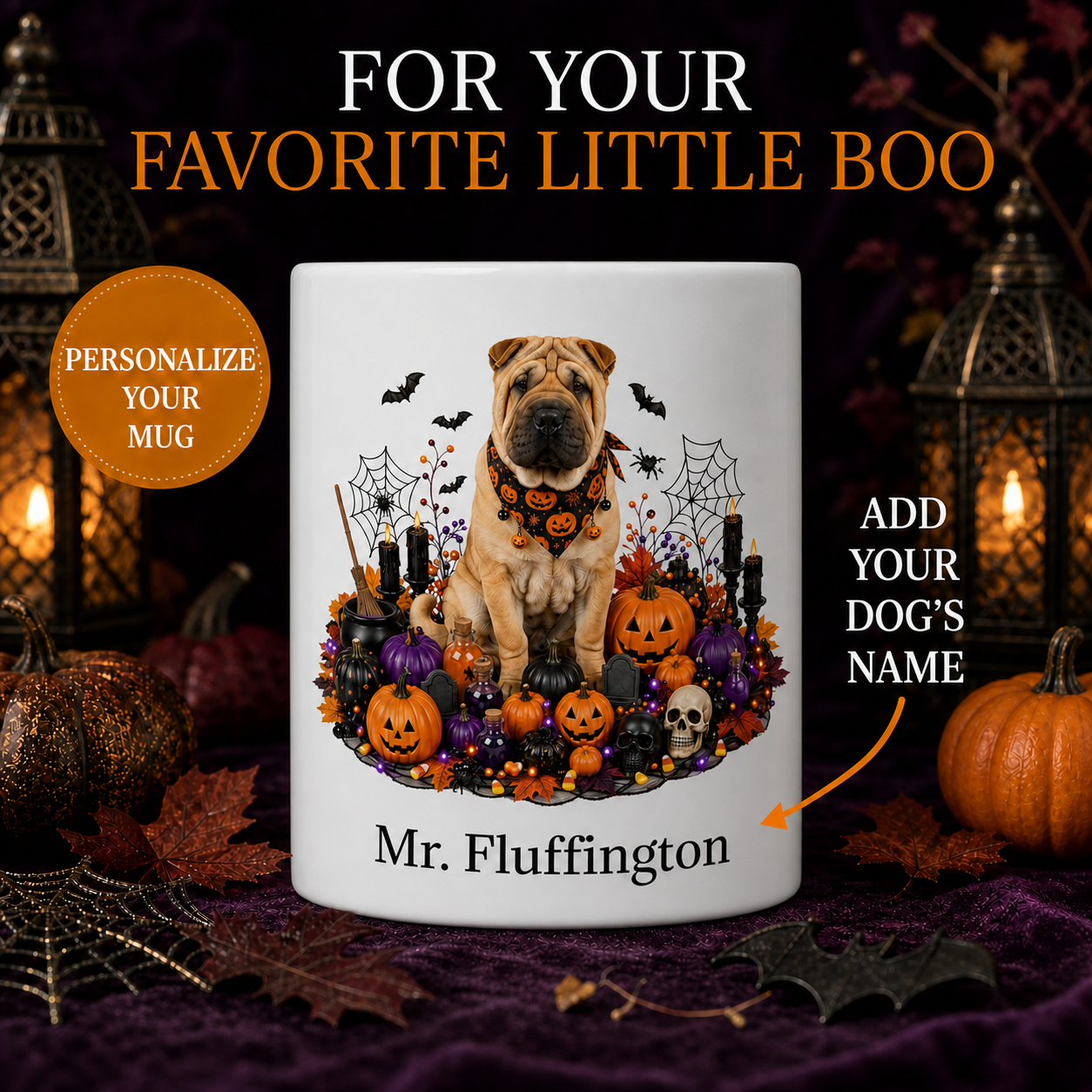 Personalized Shar Pei Halloween Mug – Custom Dog Name Gift – front view with no handle