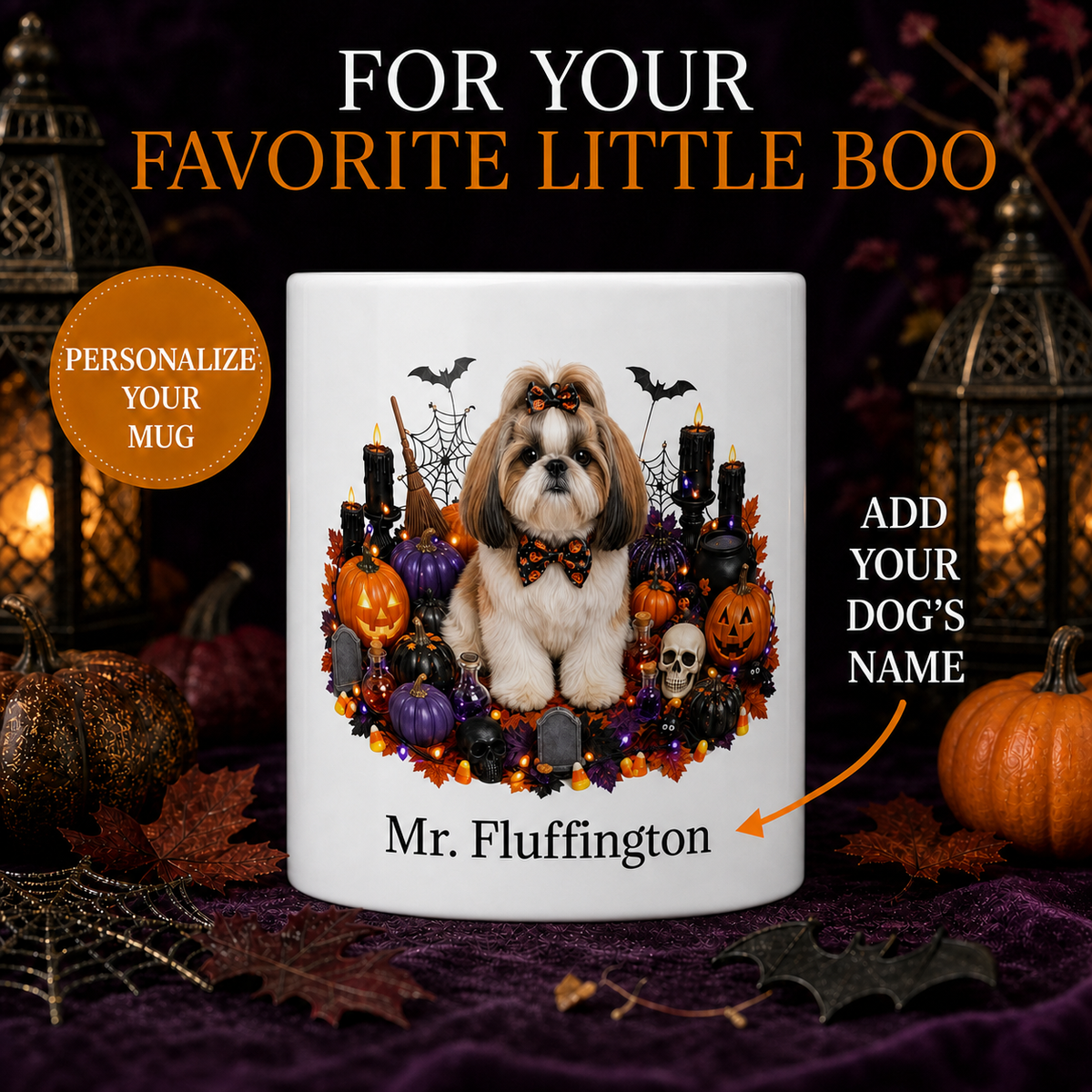 Personalized Shih Tzu Halloween Mug – Custom Dog Name Gift – front view with no handle