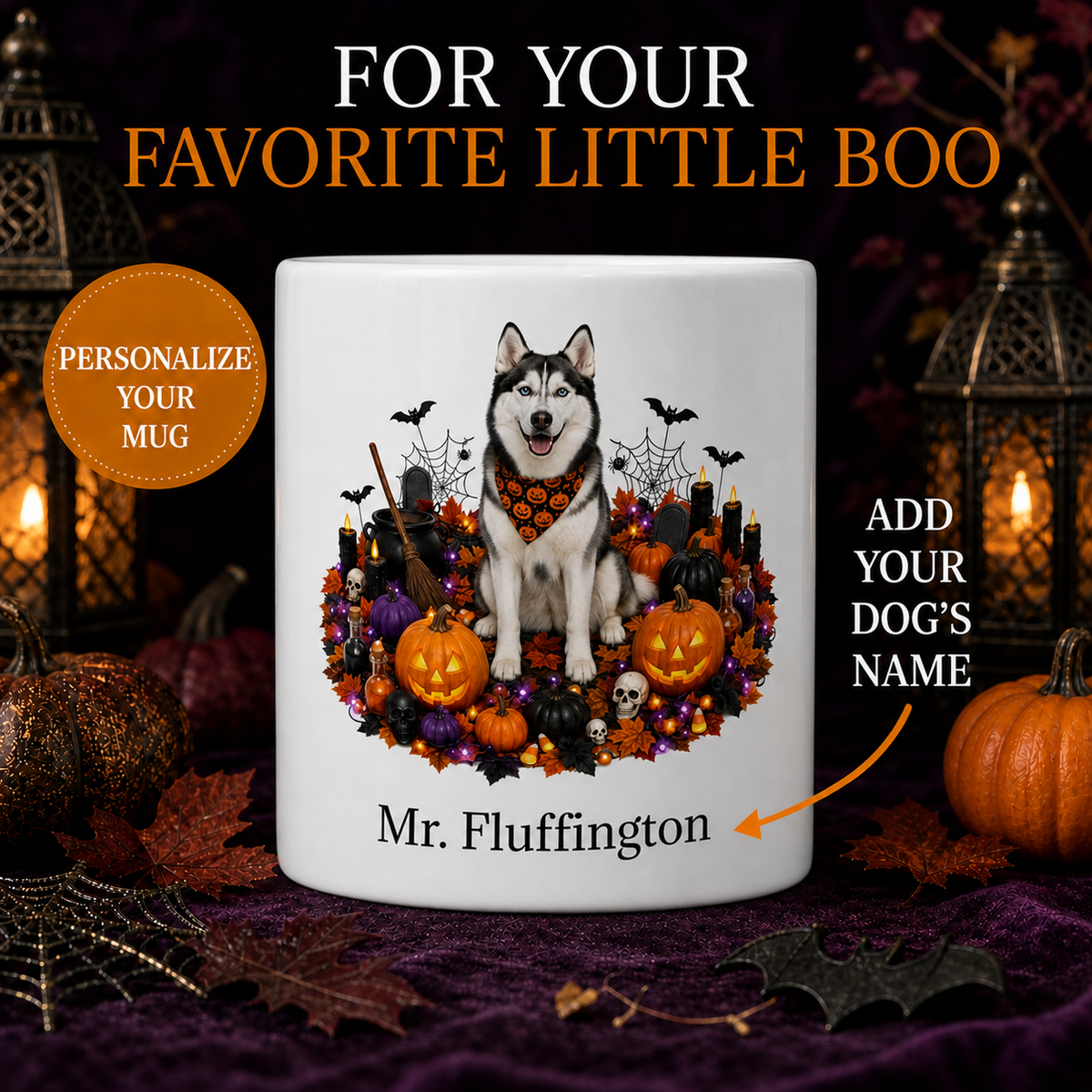 Personalized Siberian Husky Halloween Mug – Custom Dog Name Gift – front view with no handle