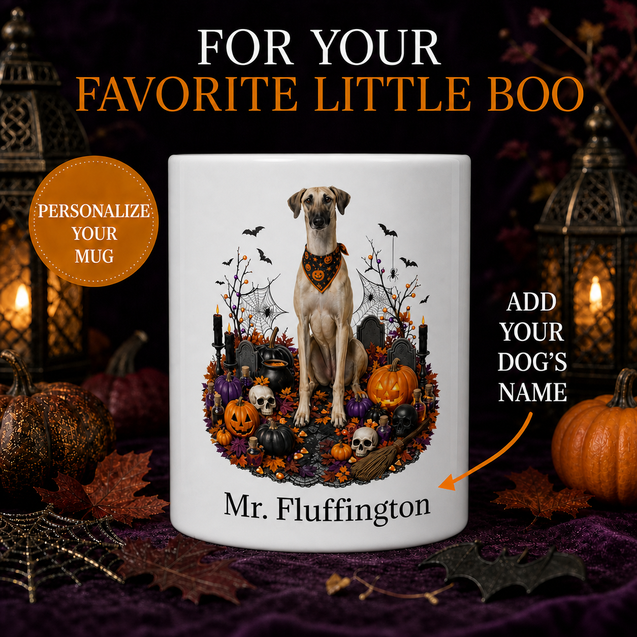 Personalized Sloughi Halloween Mug – Custom Dog Name Gift – front view with no handle