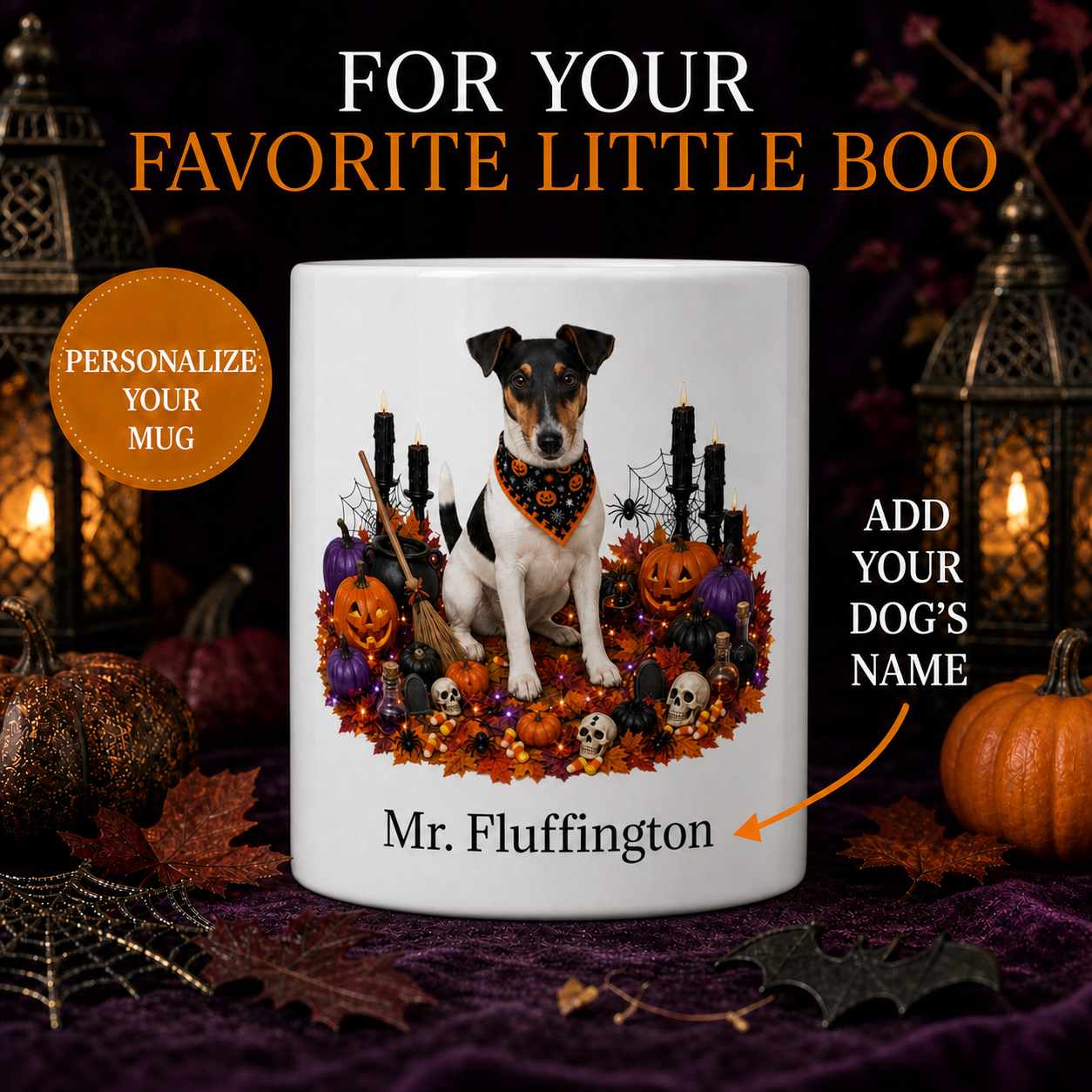Personalized Smooth Fox Terrier Halloween Mug – Custom Dog Name Gift – front view with no handle