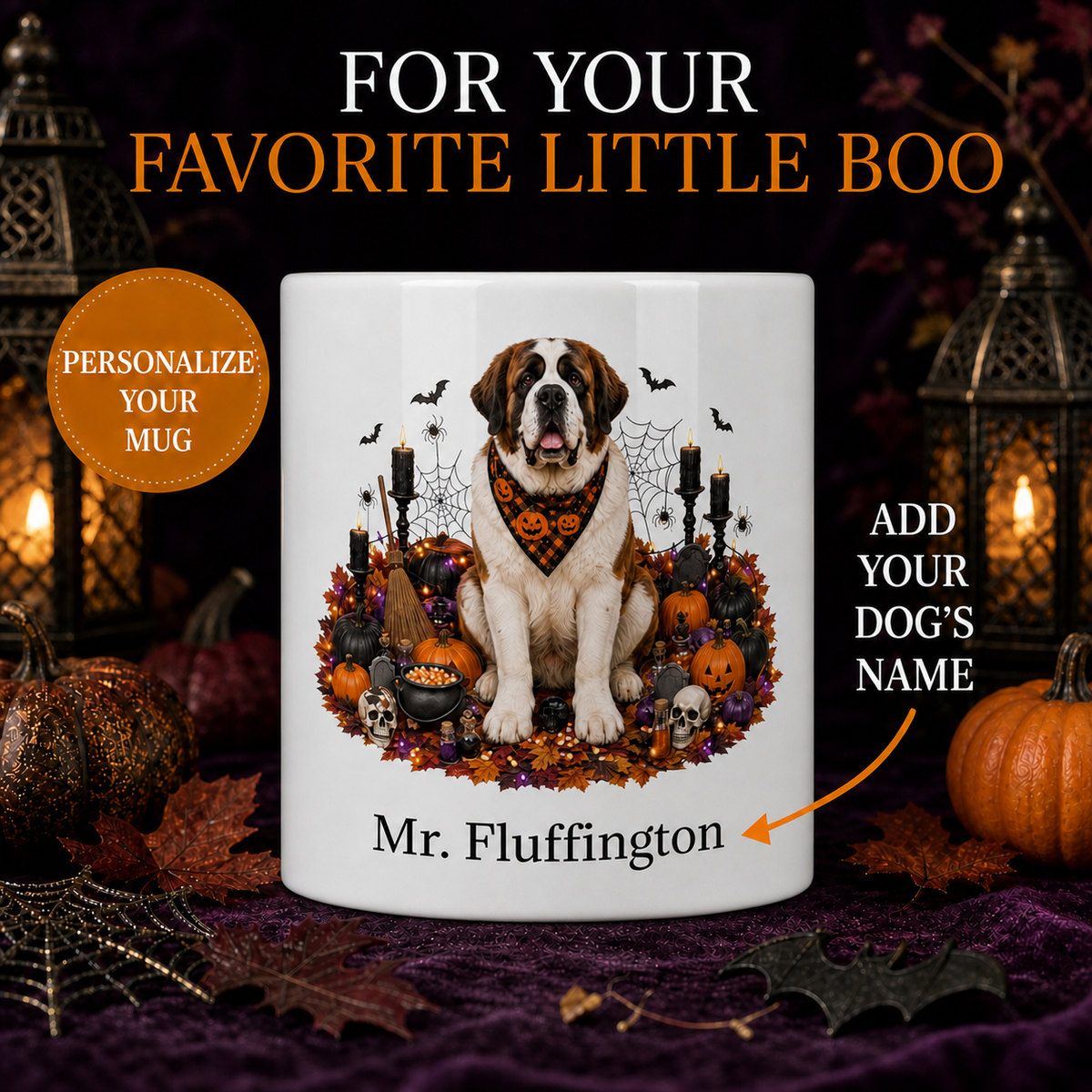 Personalized St. Bernard Halloween Mug – Custom Dog Name Gift – front view with no handle