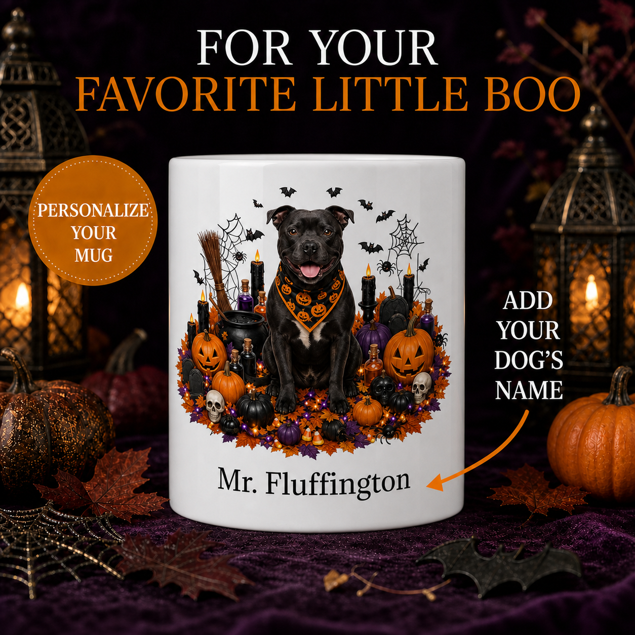 Personalized Staffordshire Bull Terrier Halloween Mug – front view with no handle