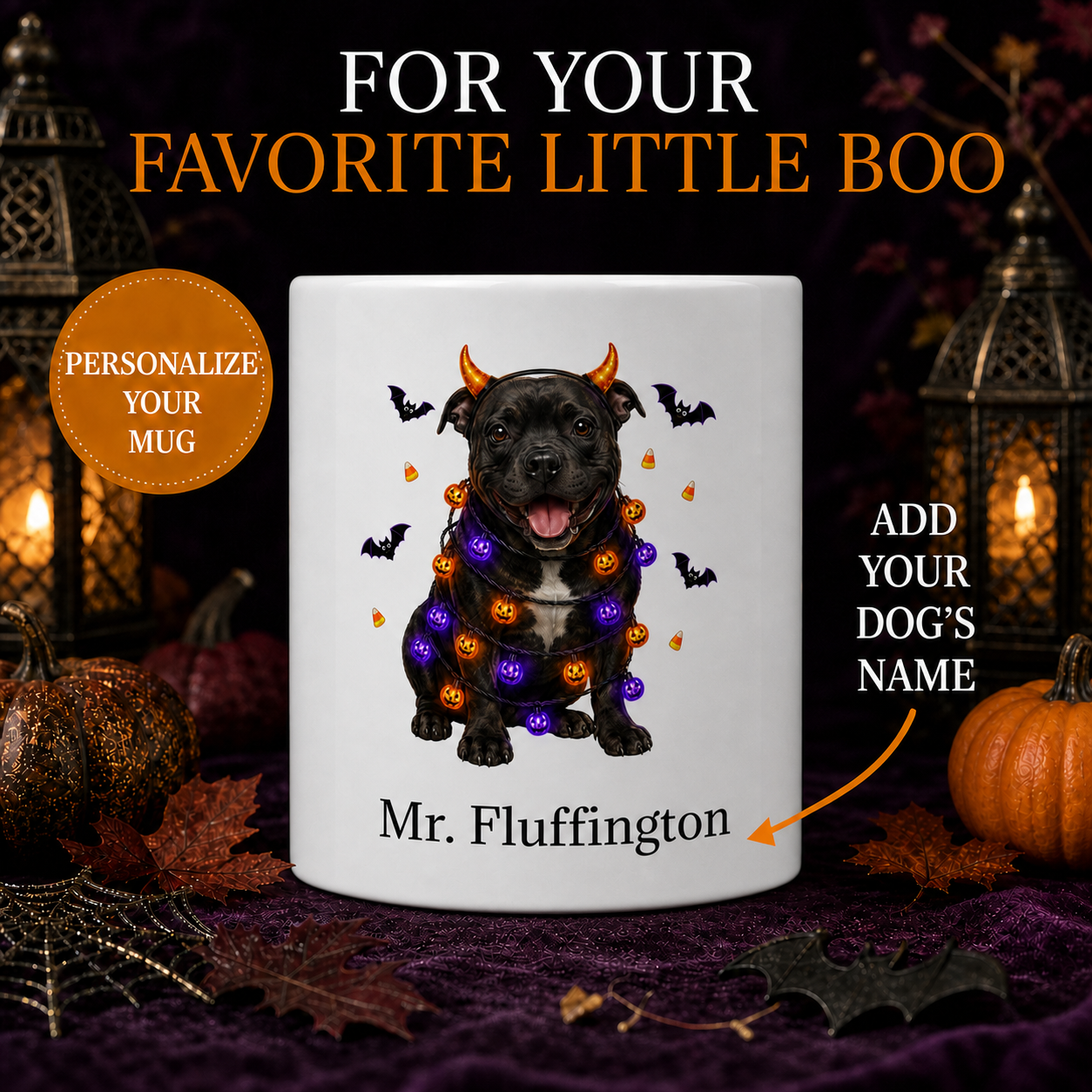 Personalized Staffordshire Terrier Halloween Mug – Custom Name Gift – front view with no handle