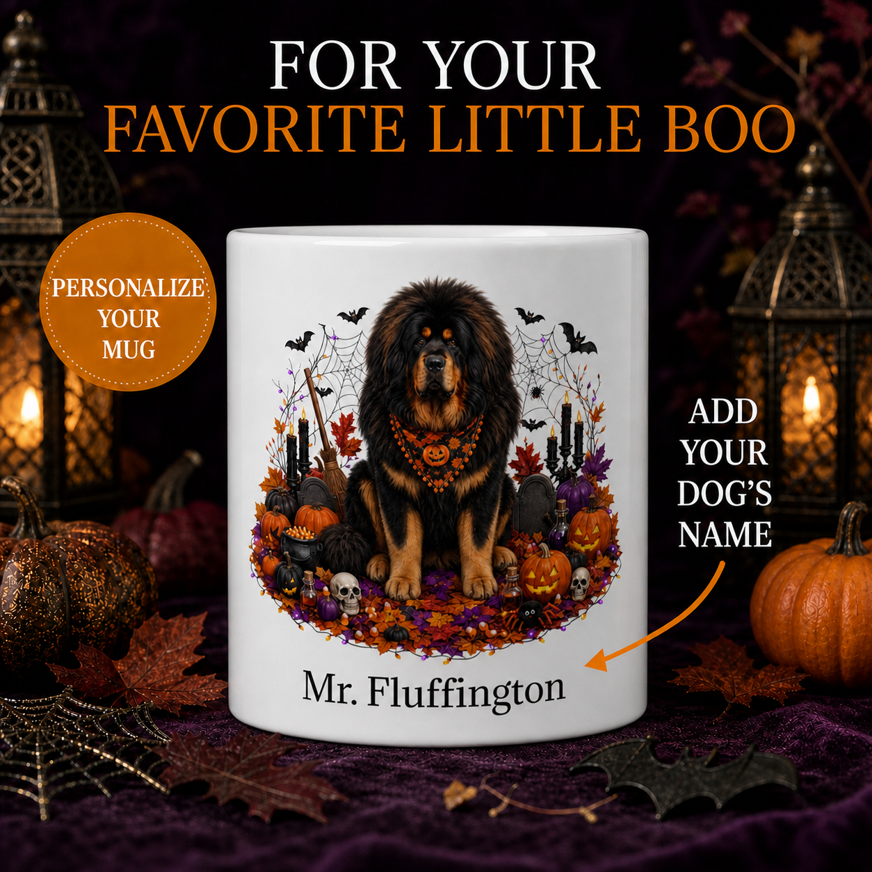Personalized Tibetan Mastiff Halloween Mug – Custom Dog Name Gift – front view with no handle