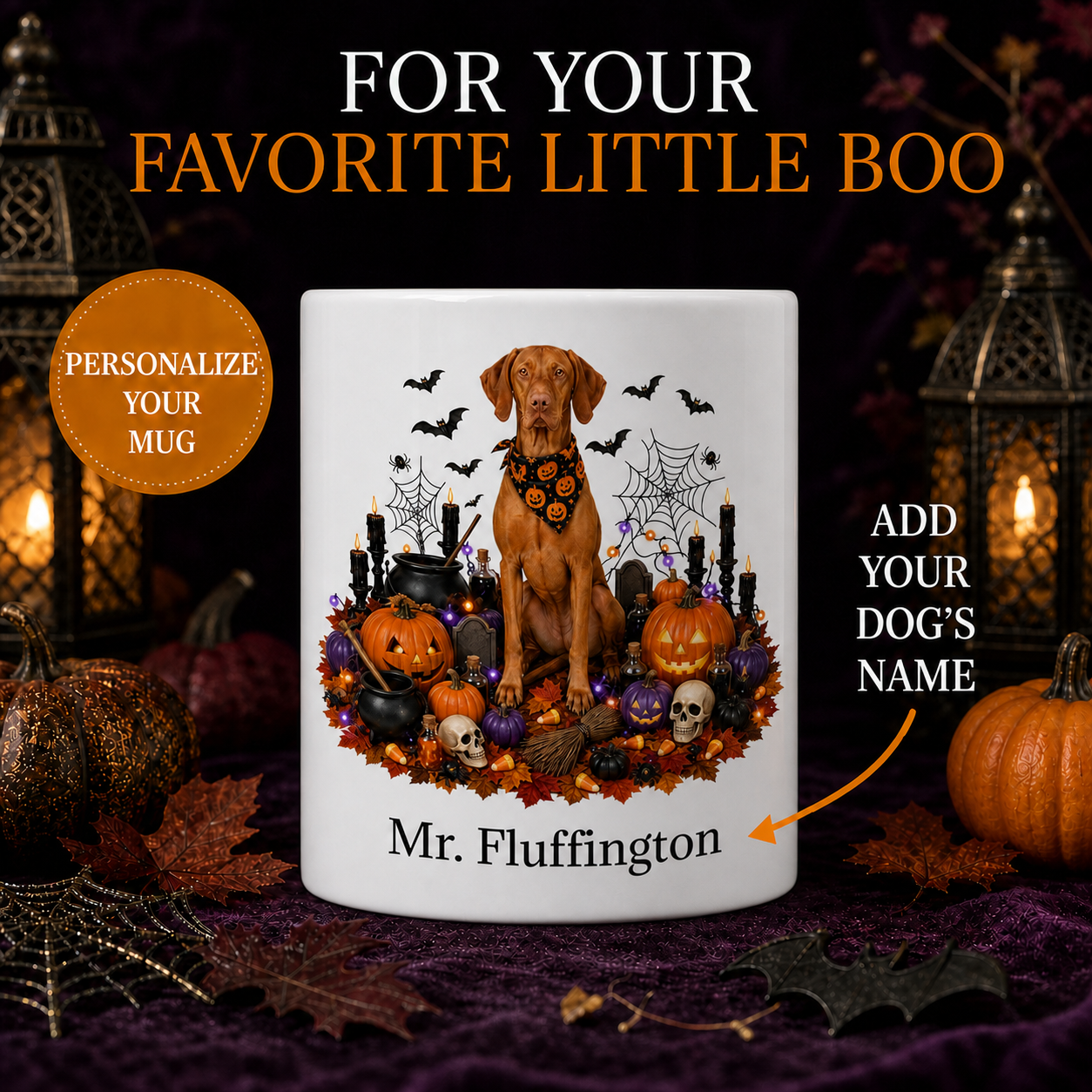 Personalized Vizsla Halloween Mug – Custom Dog Name Gift – front view with no handle