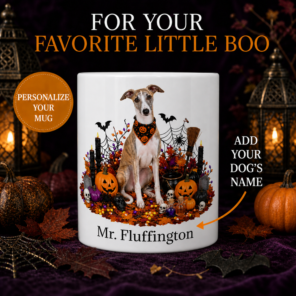 Personalized Whippet Halloween Mug – Custom Dog Name Gift – front view with no handle