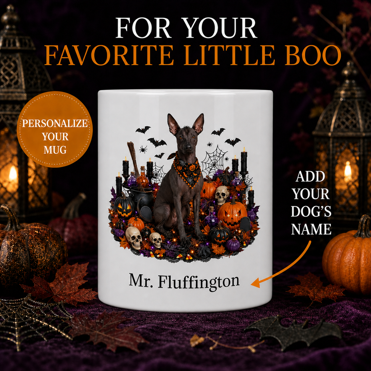 Personalized Xoloitzcuintli Halloween Mug – Custom Dog Name Gift – front view with no handle