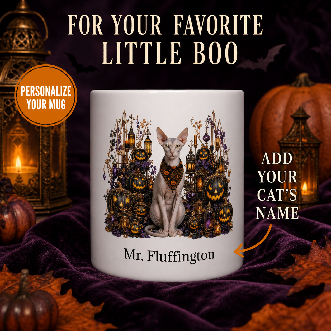 White Peterbald cat Halloween mug with custom pet name and spooky fall artwork — image 1