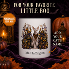 White Peterbald cat Halloween mug with custom pet name and spooky fall artwork — image 1