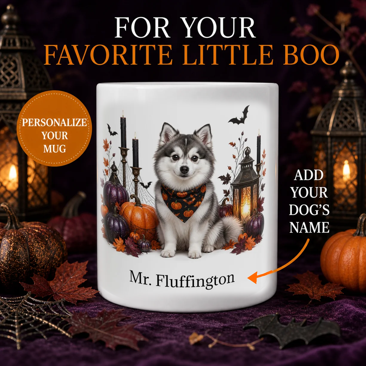 A white ceramic mug with a custom Halloween illustration of a husky dog wearing an orange bandana, surrounded by pumpkins, candles, and bats. The text 'Mr.