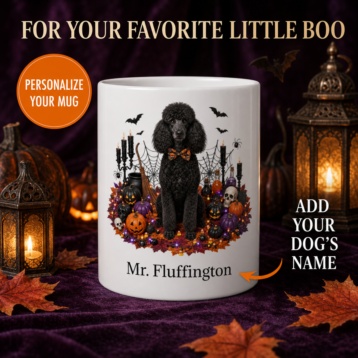 White Poodle dog Halloween mug with custom pet name and spooky fall artwork — image 1