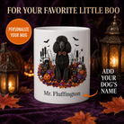 White Poodle dog Halloween mug with custom pet name and spooky fall artwork — image 1