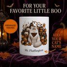 White Ragamuffin cat Halloween mug with custom pet name and spooky fall artwork — image 1