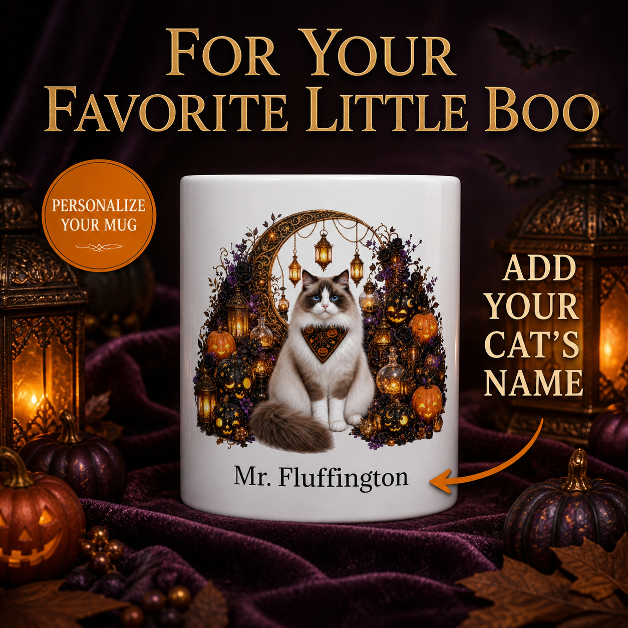White Ragdoll cat Halloween mug with custom pet name and spooky fall artwork — image 1