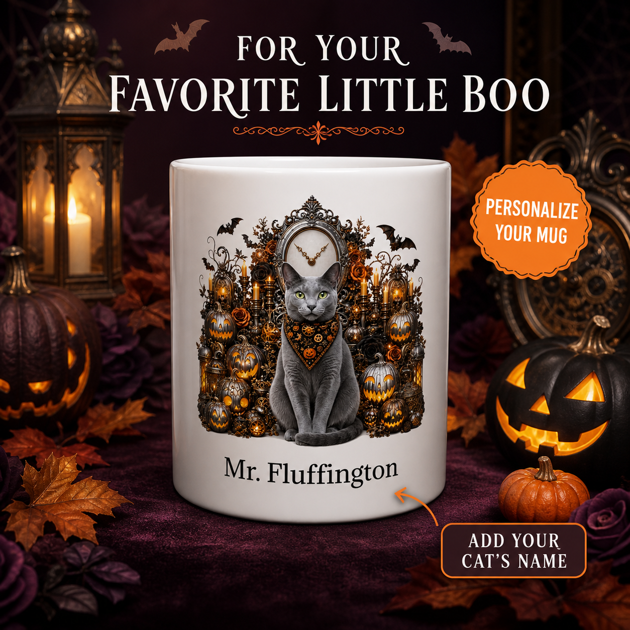 White Russian Blue cat Halloween mug with custom pet name and spooky fall artwork — image 1