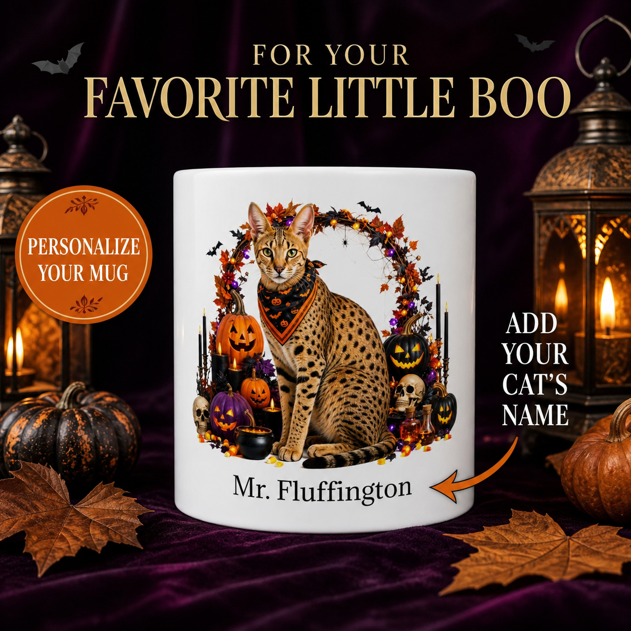 White Savannah cat Halloween mug with custom pet name and spooky fall artwork — image 1