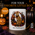 Personalized Savannah cat Halloween mug front view with custom name and no visible handle