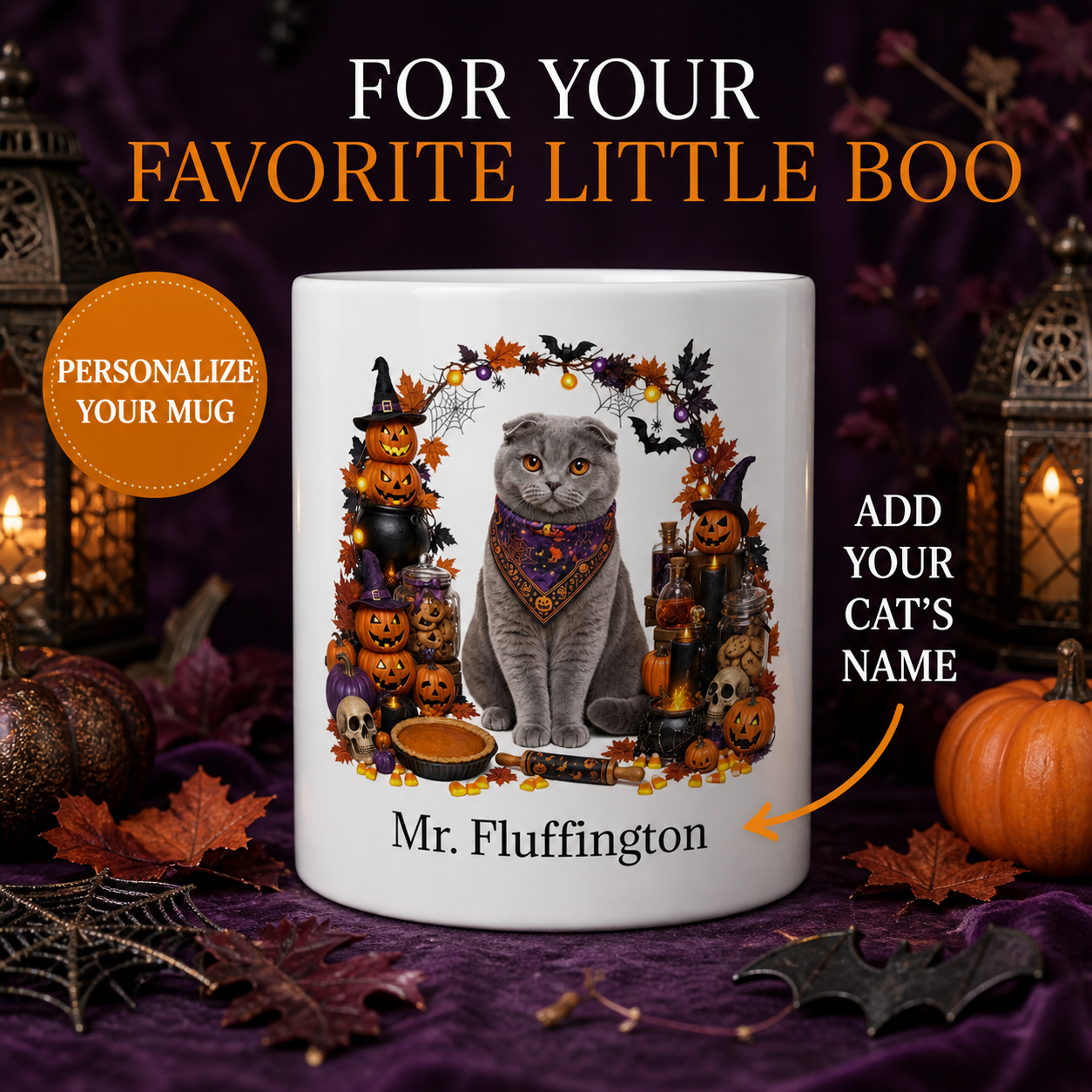 White Scottish Fold cat Halloween mug with custom pet name and spooky fall artwork — image 1